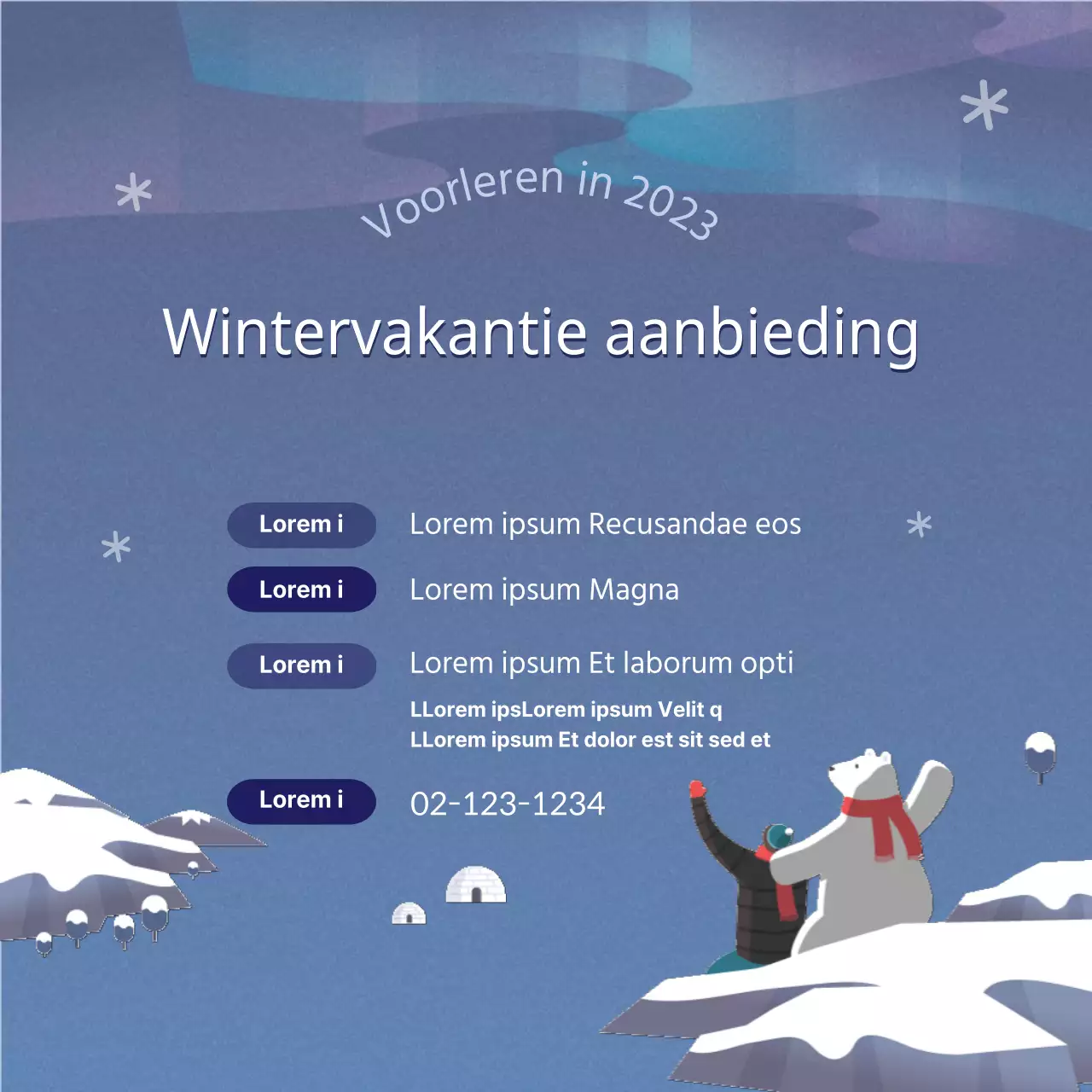 Specials voor de wintervakantie tegen een blauwe achtergrond van de Noordpool
