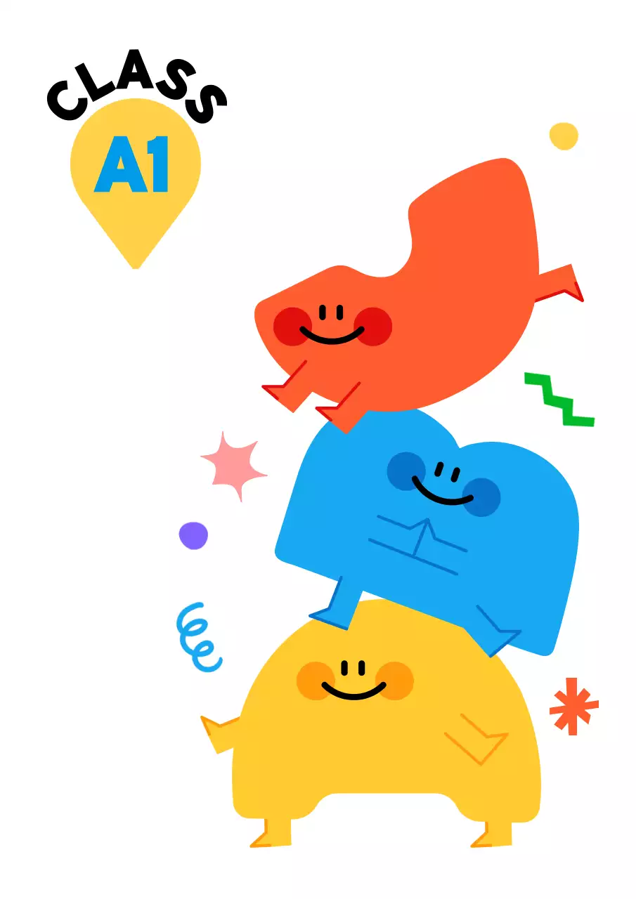 色とりどりのかわいいキャラクターと様々な図形が入った子供向け塾のクラス分け用。