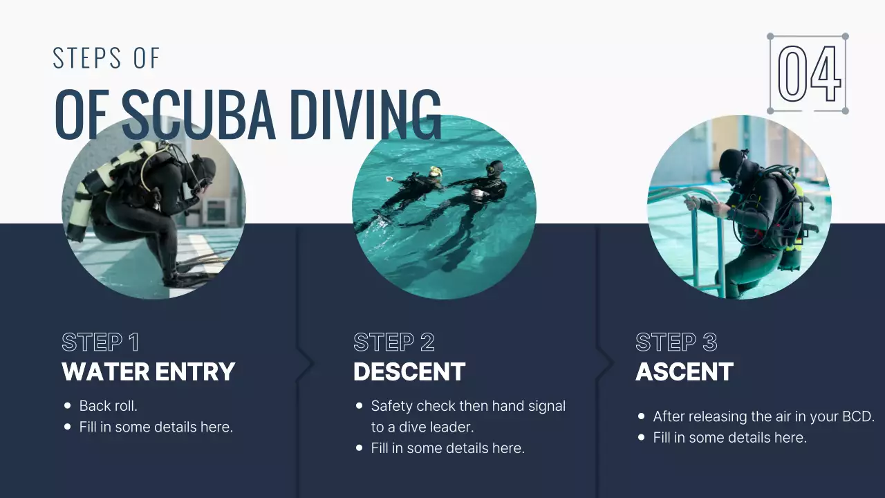 남색과 화이트의 사진 있는 모던한 스쿠버 다이빙 교육 프로그램 소개 자료
