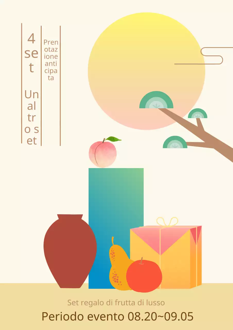 Promuovere un evento di pre-prenotazione per un set di regali di lusso alla frutta con illustrazioni grafiche pulite