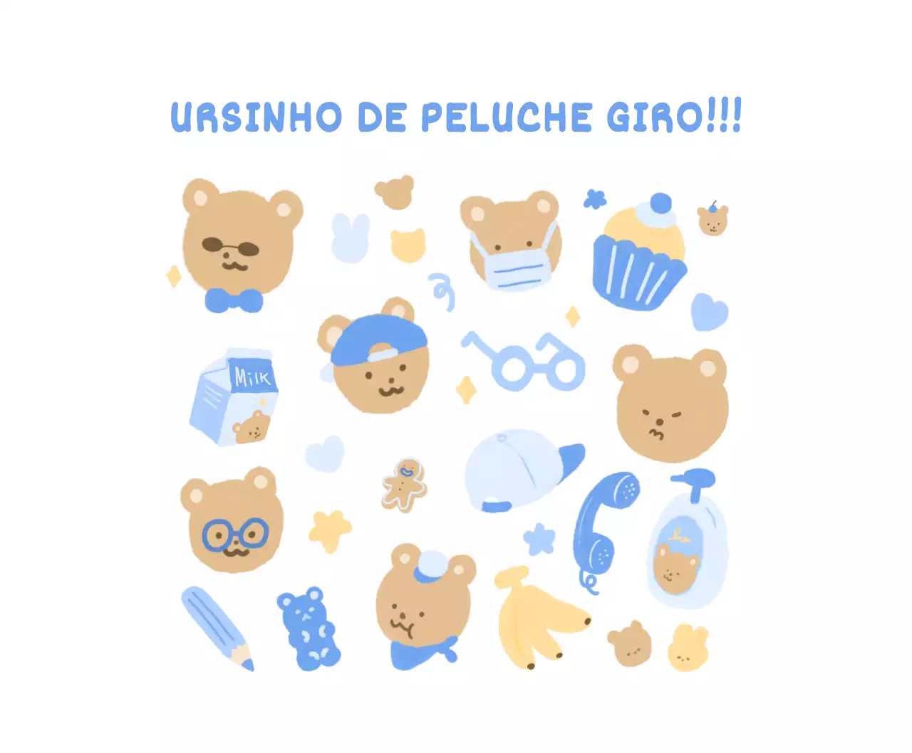 azul, branco, bonito, peluche, urso, ilustração, pessoal, mercadoria, leite, bolacha, estrela, coração, banana, geleia, cupcake, chapéu, tapete de rato, bonito