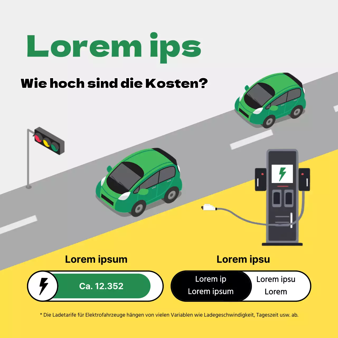Wie viel es kostet, ein gelbes und grünes minimalistisches Elektroauto aufzuladen