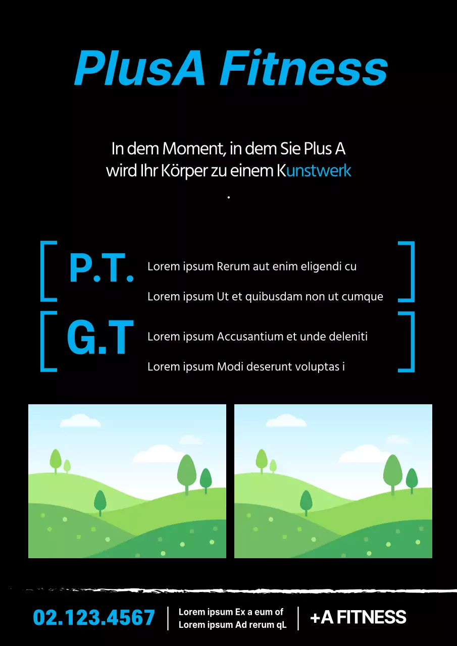 Einfache Fitnessstudio-Werbung mit blauen und schwarzen Fotos und Text