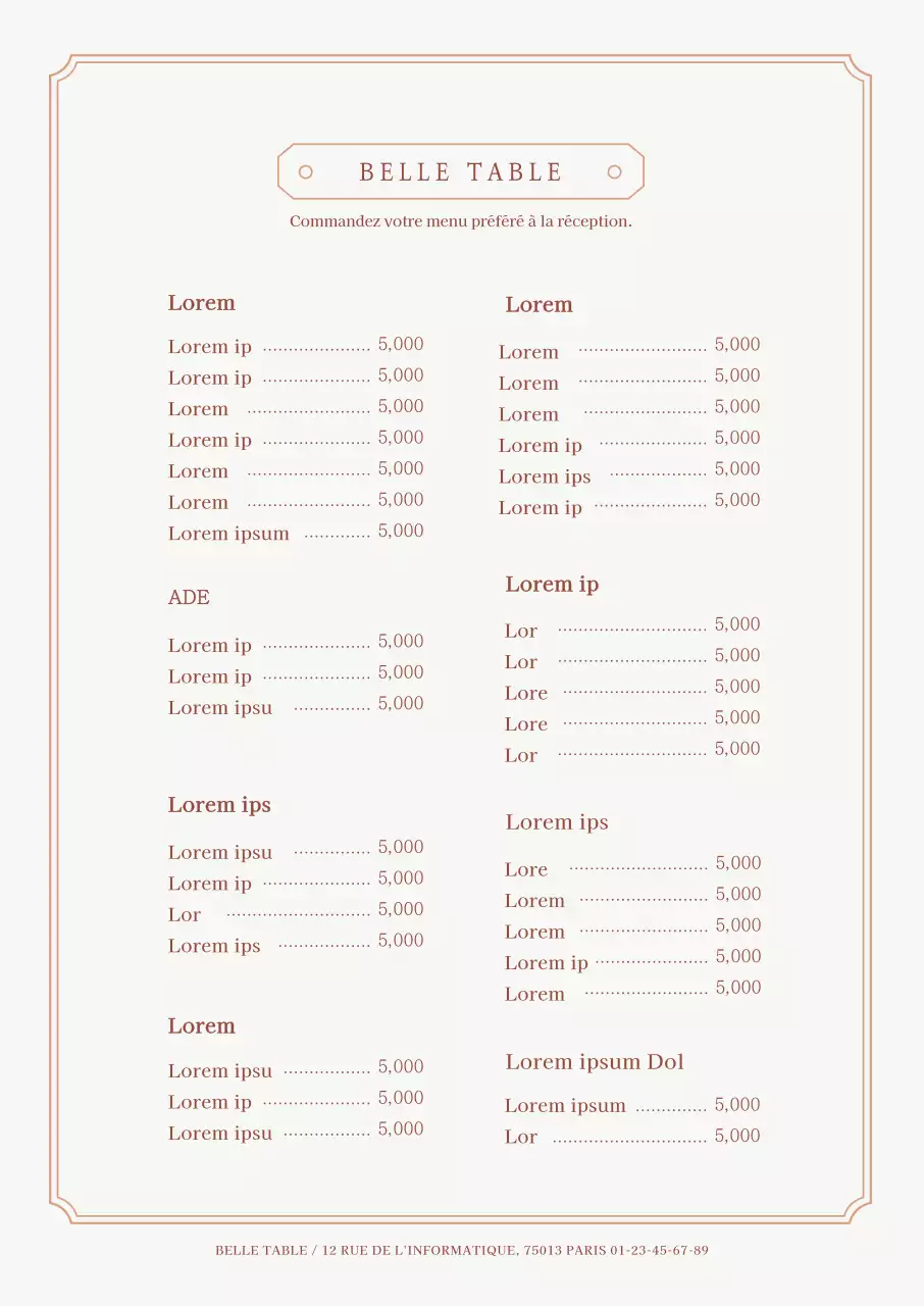 Menu de café simple avec une bordure beige