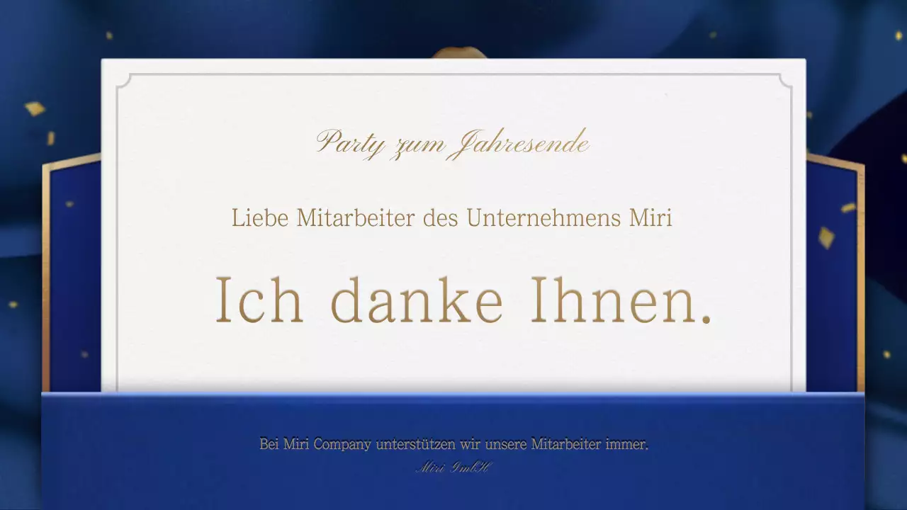 Eine Einladung in Gold und Marineblau zu einer Jahresendfeier mit einer feierlichen Dienstanweisung