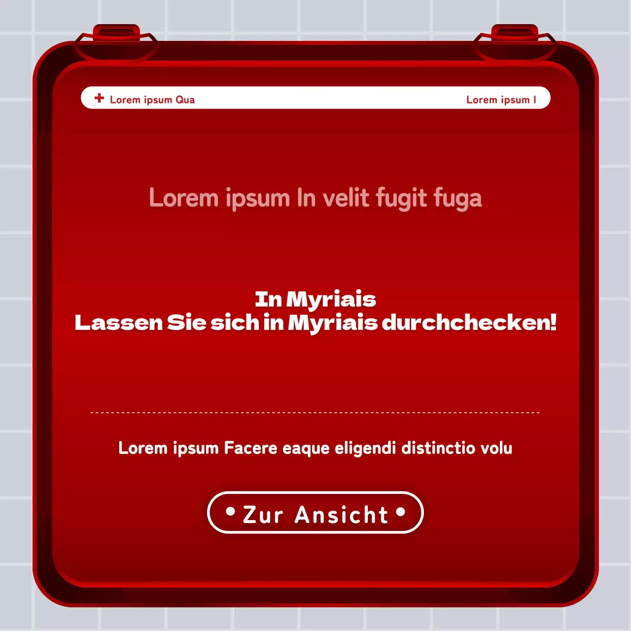 Rot-weißes Konzept für einen Erste-Hilfe-Kasten für die Lendenwirbelsäule Information und Werbung für das Krankenhaus