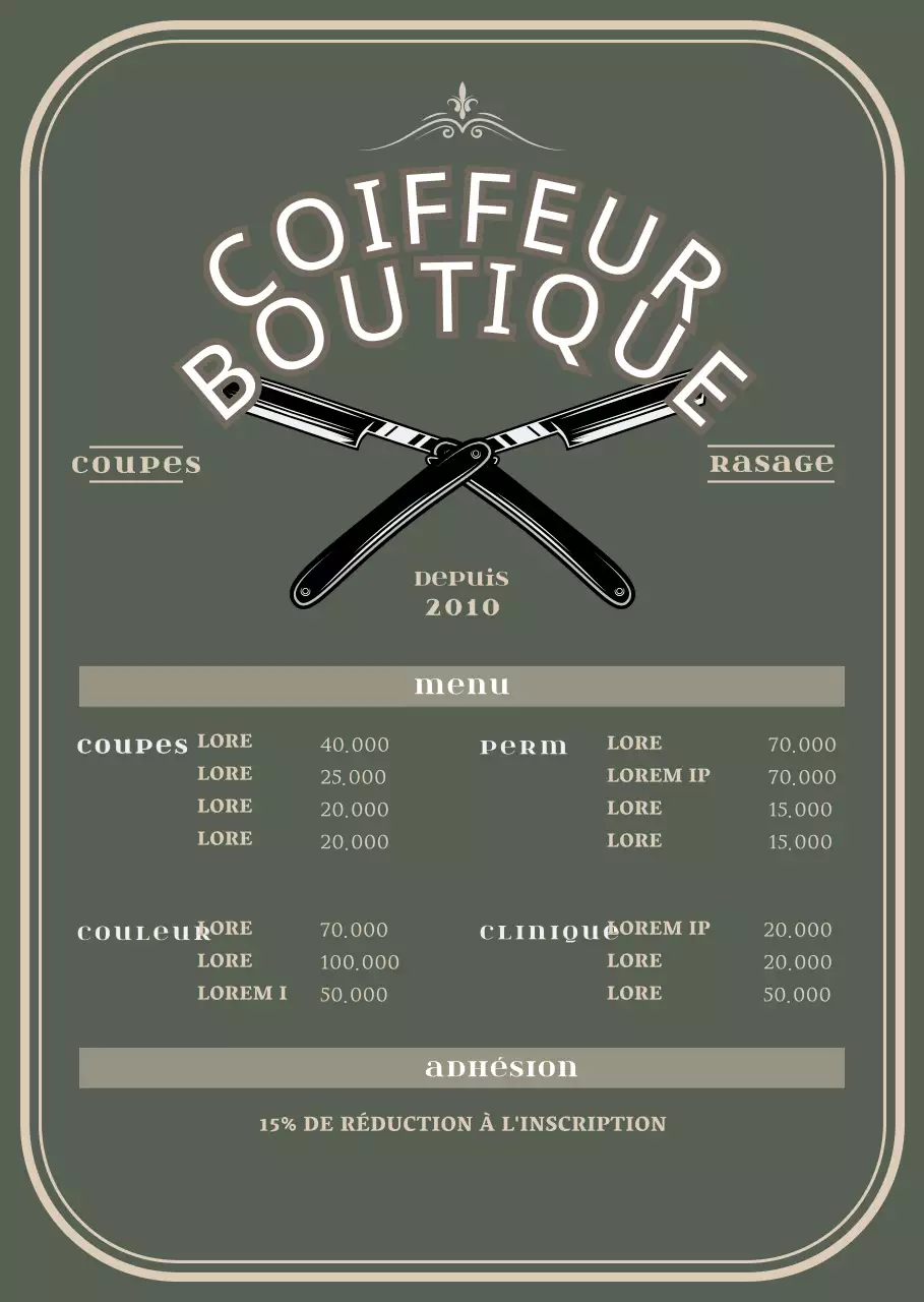 Support en acrylique pour un panneau de menu de barbier vert de style vintage