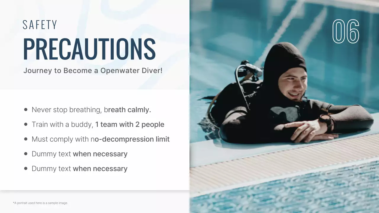 남색과 화이트의 사진 있는 모던한 스쿠버 다이빙 교육 프로그램 소개 자료