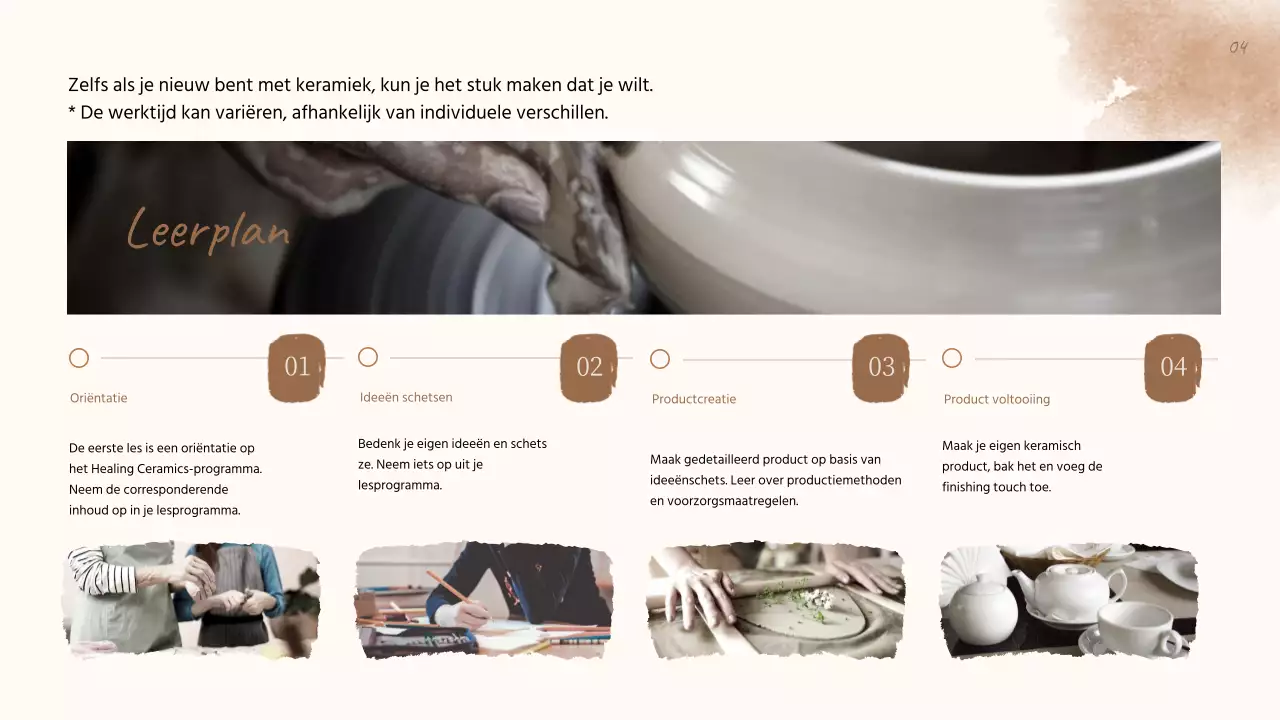 Eendaagse keramiekles met een traditionele uitstraling in beige en bruin