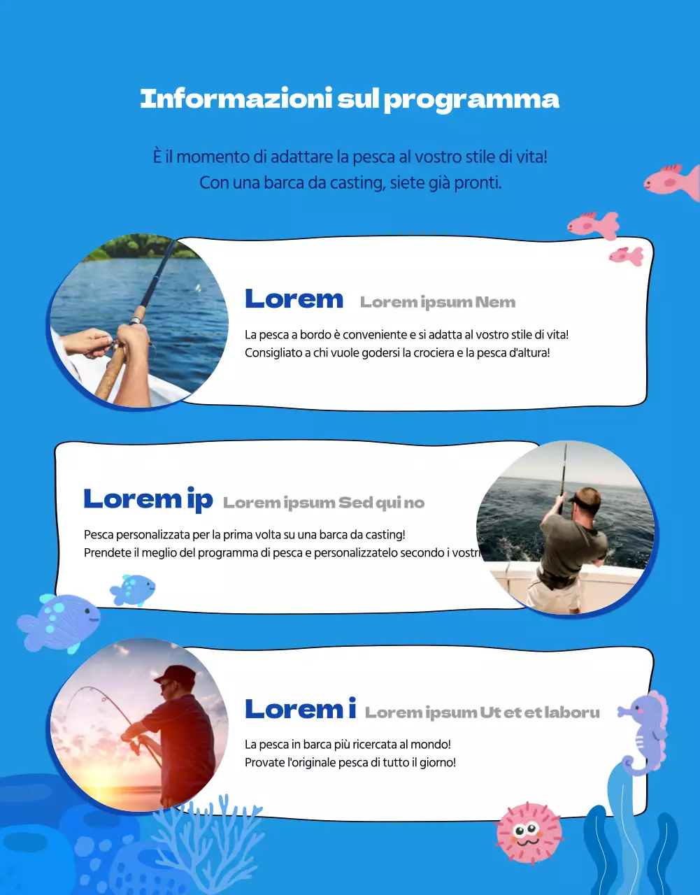 Annuncio per un viaggio di pesca nelle acque blu del mondo