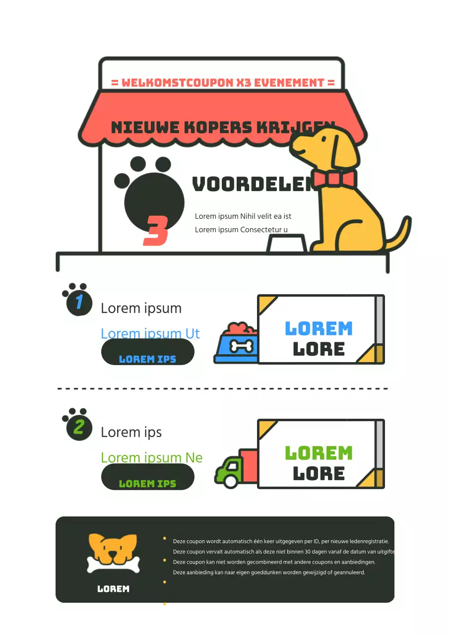 Promoot een evenement in een dierenwinkel met een schattige illustratie van een rood met zwarte puppy