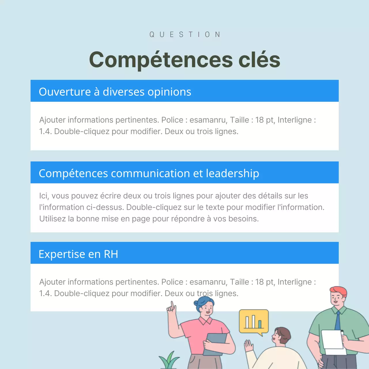 En savoir plus sur notre équipe de RH axée sur l'illustration Description du poste Entretien Compétences de base CardNews