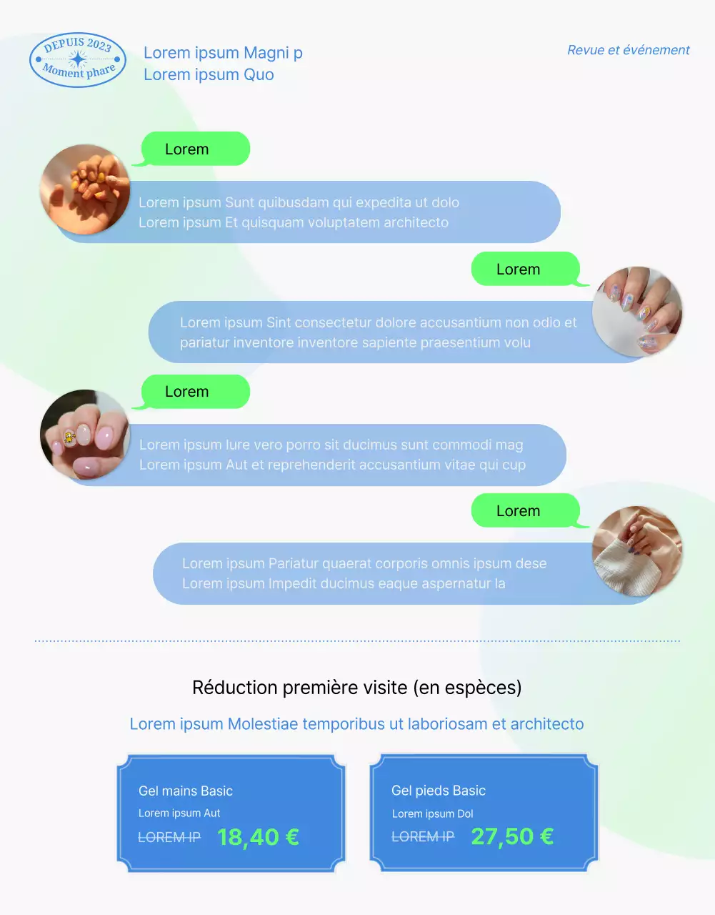 Thème promotionnel pour un salon de manucure avec des photos d'ongles soignés en chartreuse et en bleu