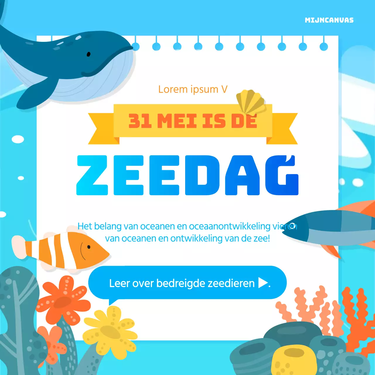 Een schattig blauw en geel Oceaandag-thema met bedreigde zeedieren