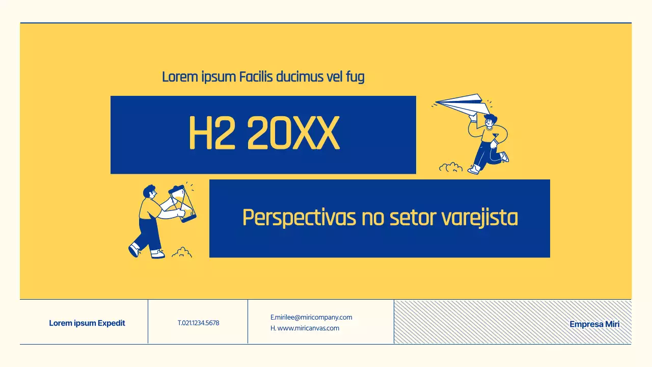 Relatório sobre as perspectivas do sector retalhista com ilustrações a azul e amarelo
