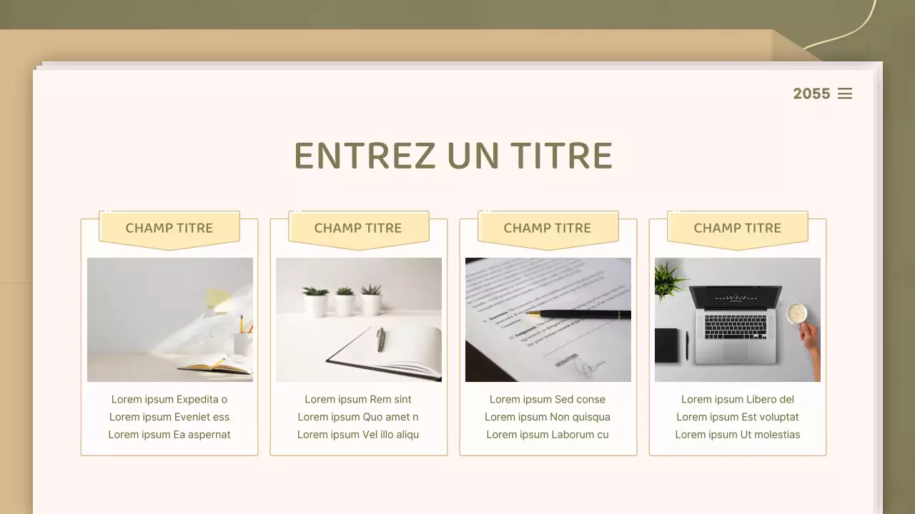 Pour des présentations avec un concept de document épuré dans les tons olive et beige