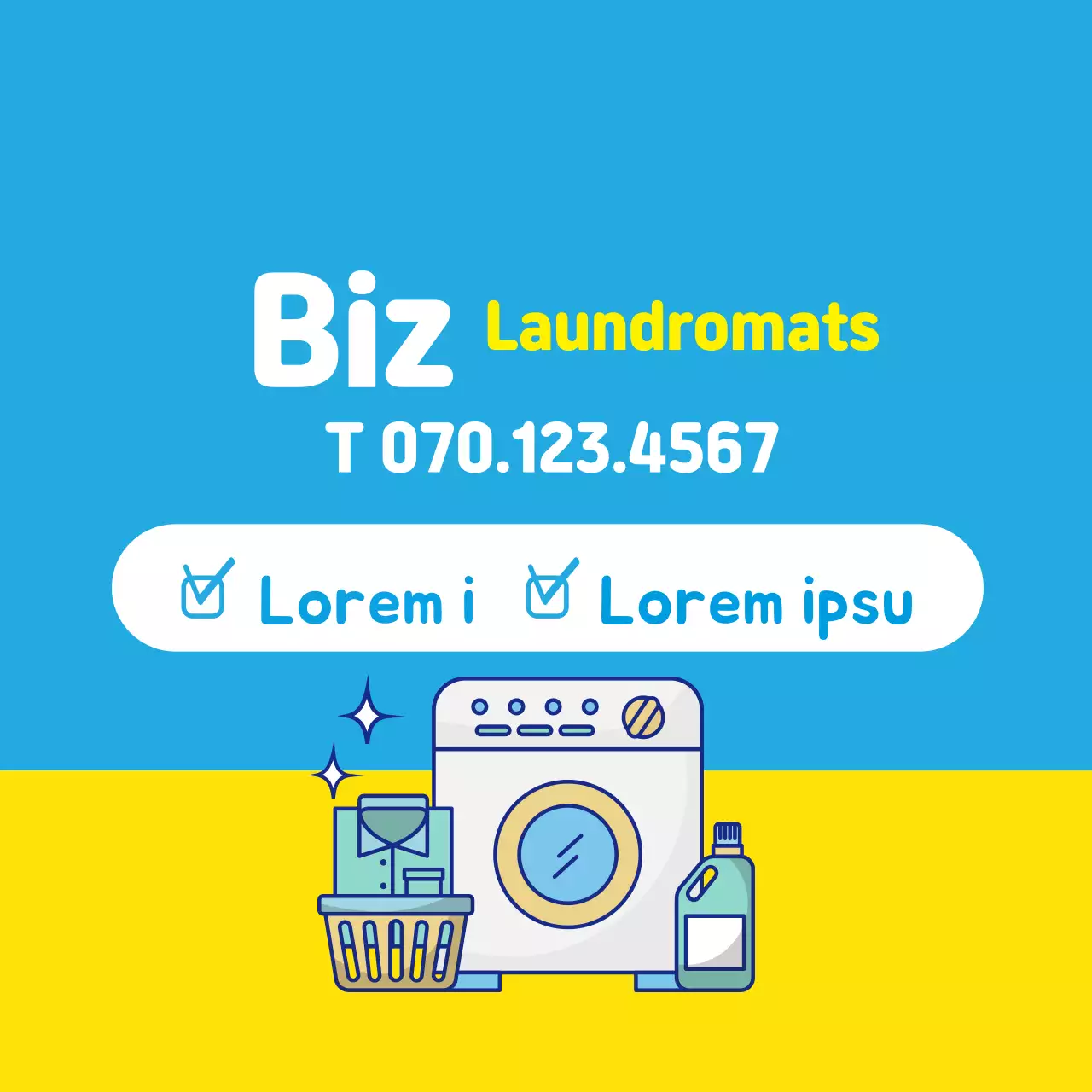 Ilustração azul-amarela que promove uma lavandaria limpa
