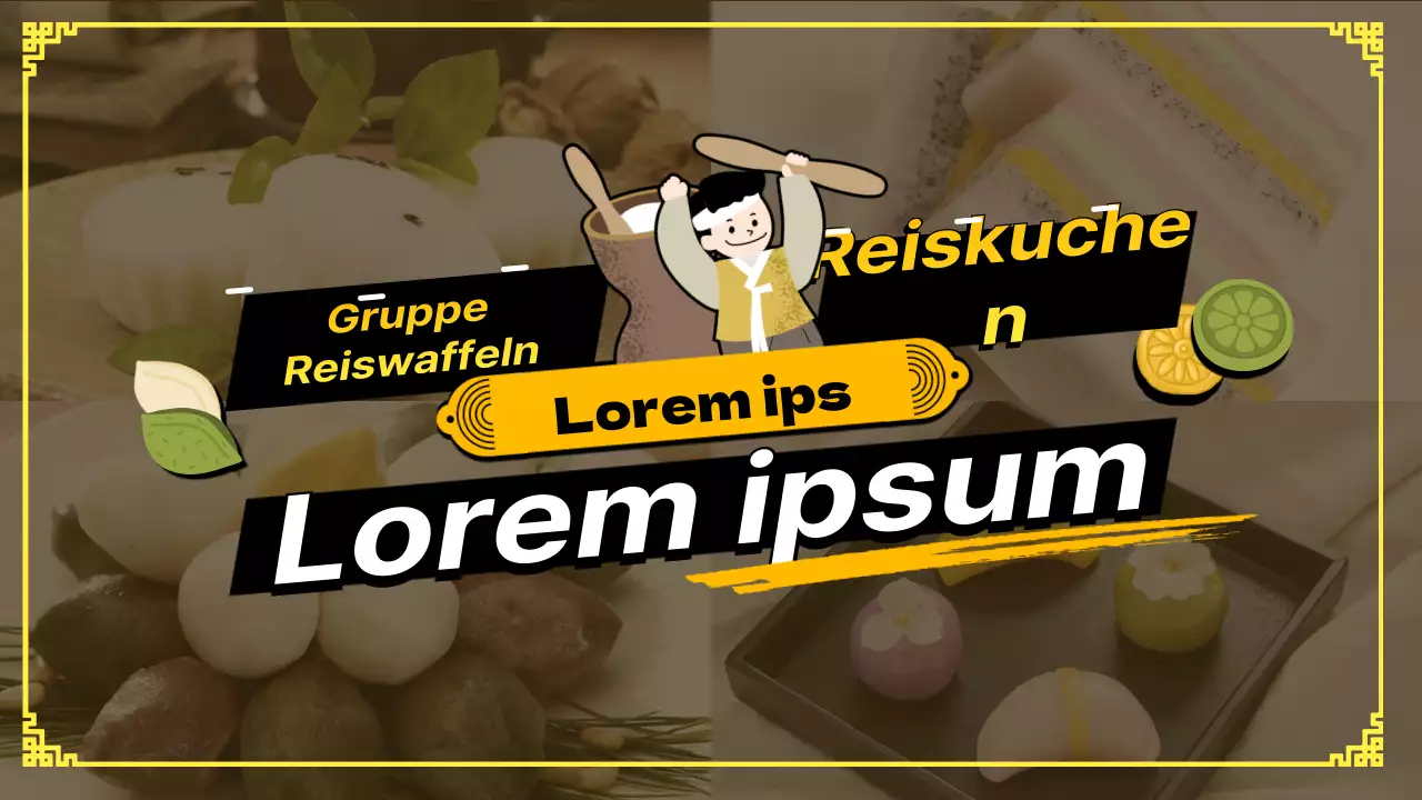 Mochi-Bestellung als Werbemotiv mit gelben Fotos und niedlichen Illustrationen