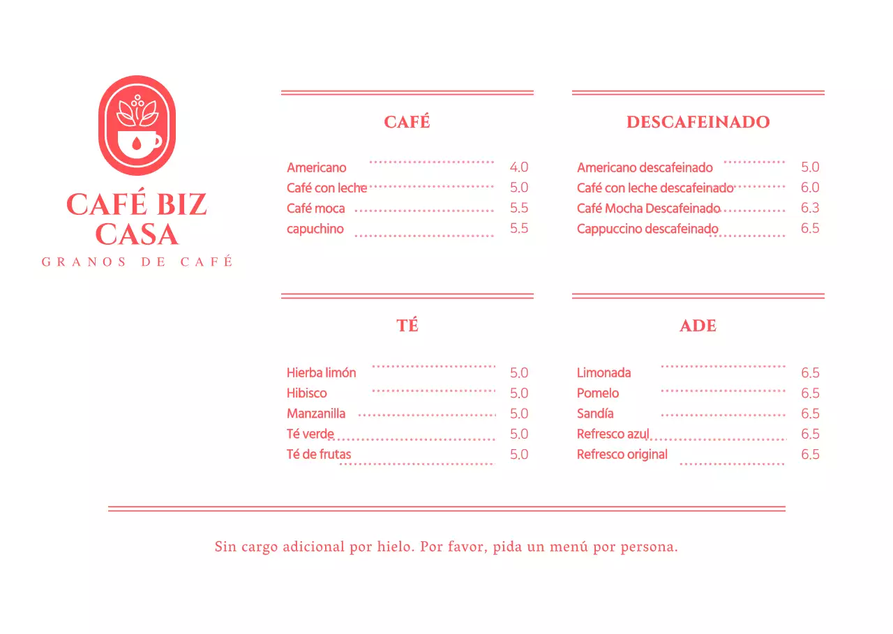 Precios de menú para una cafetería de concepto sencillo en rojo y blanco