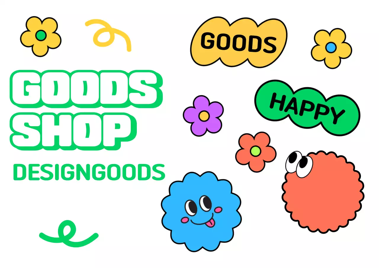 カラフルな色のかわいい図形キャラクターと花のイラストが描かれたグッズショップのデザイン。