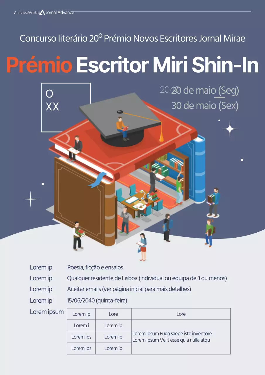 Ilustração simples com cores e vermelhos atenuados Documentação de apresentação de propostas literárias do Prémio Novos Escritores.