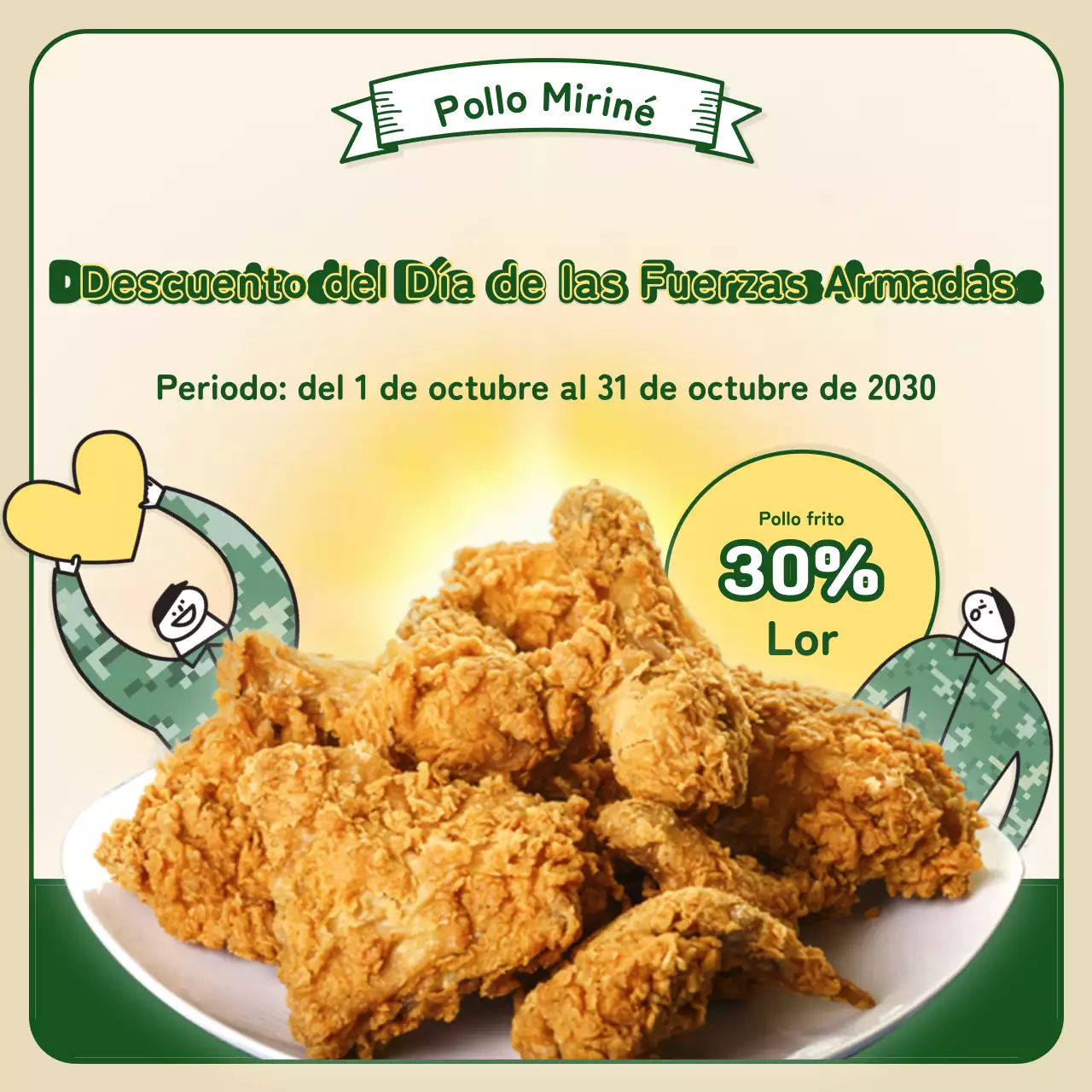 Evento de pollo del Día de las Fuerzas Armadas con simpáticas ilustraciones en verde, caqui y amarillo