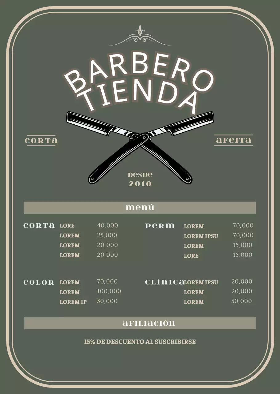 Soporte acrílico para tablero de menú de barbería verde de estilo vintage