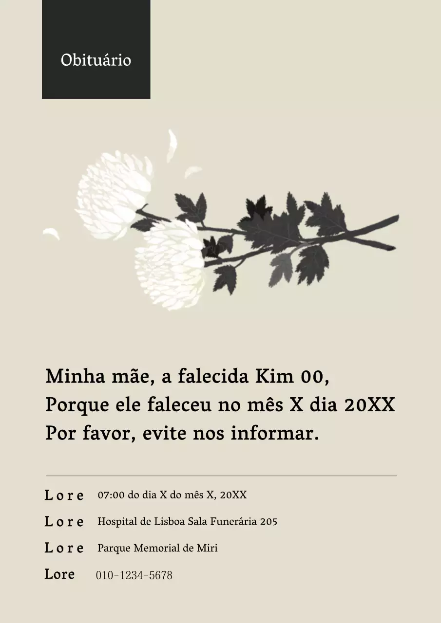 Mensagem de obituário com ilustração de flor de crisântemo bege e calma