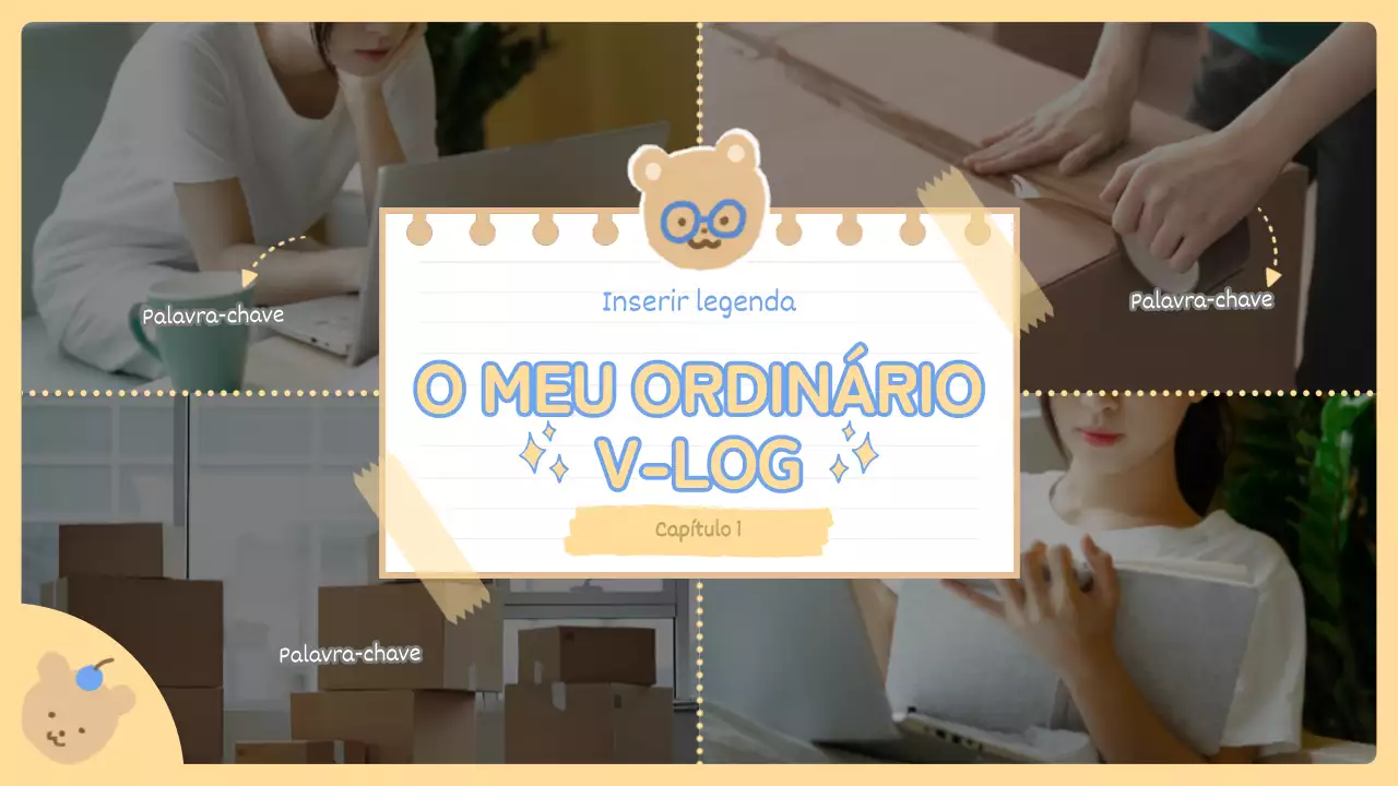 Papel de carta com personagens giras embalagem vlog do chefe em amarelo e azul