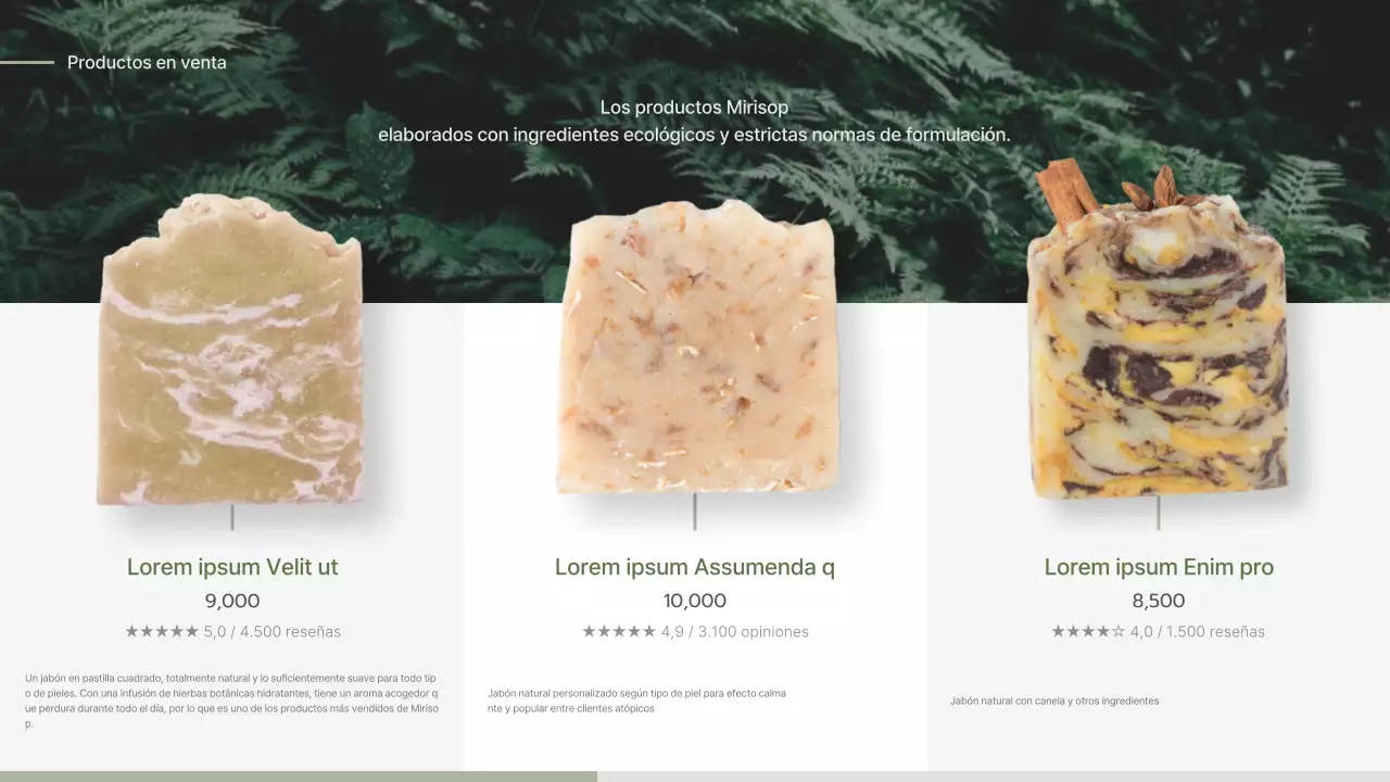 Propuesta de entrada para un jabón de concepto naturalista verde y beige