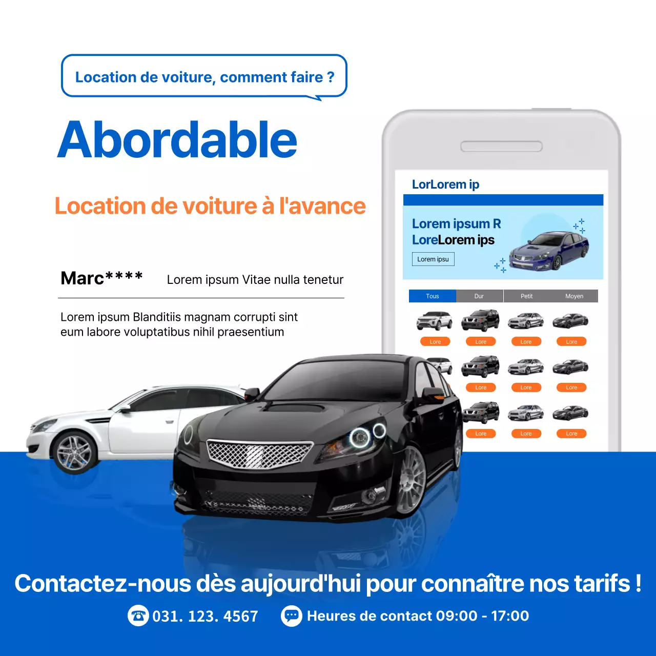 Présentation de l'application de location de voiture simple blue