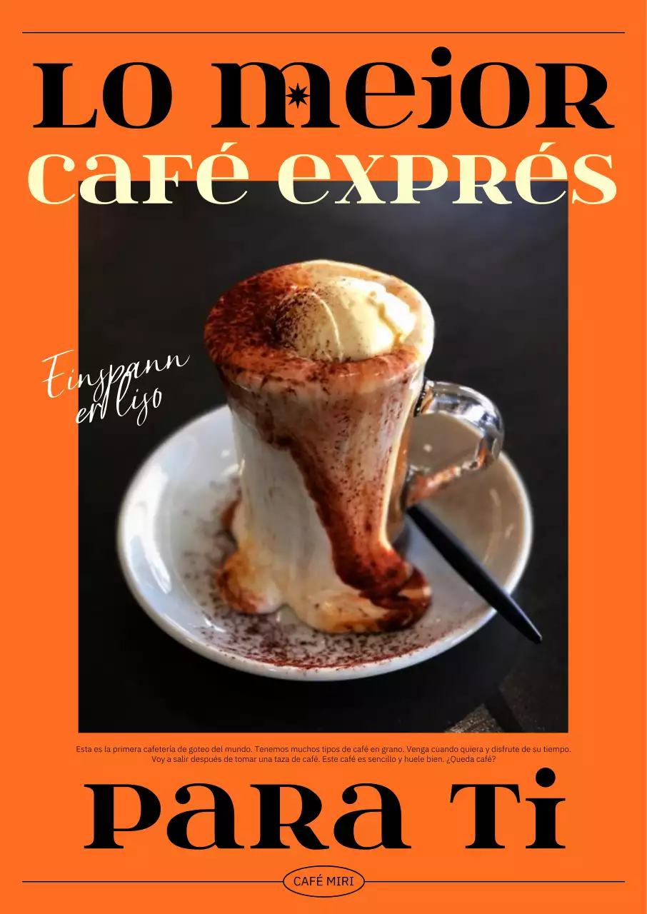 Un elegante interior de cafetería con una limpia fuente negra sobre fondo naranja