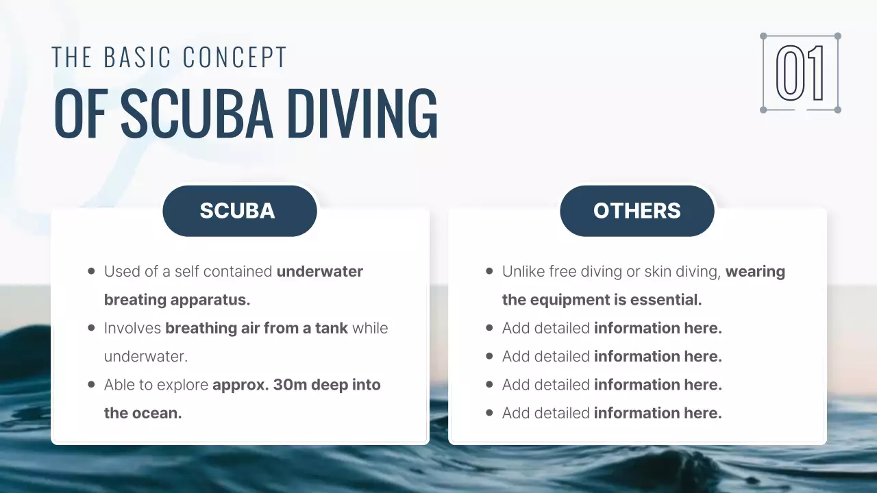 남색과 화이트의 사진 있는 모던한 스쿠버 다이빙 교육 프로그램 소개 자료