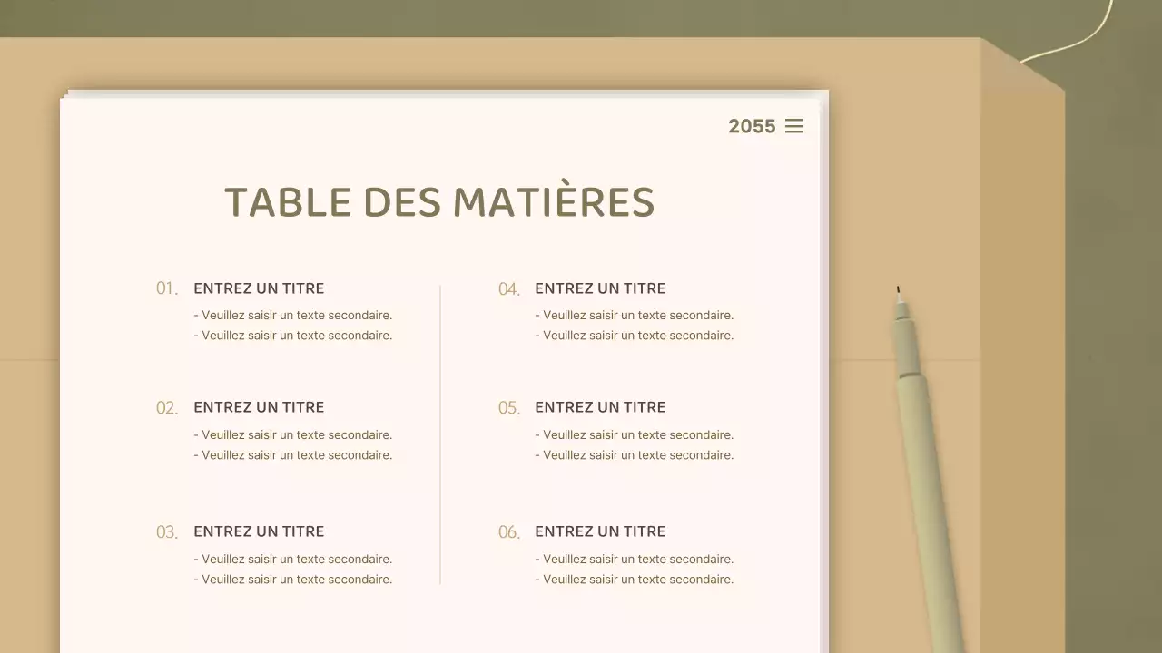 Pour des présentations avec un concept de document épuré dans les tons olive et beige