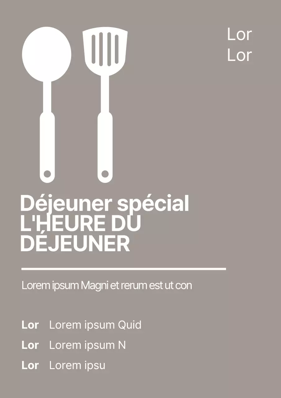 Illustration d'une promotion simple pour un déjeuner dans un restaurant avec un ustensile de cuisine gris.