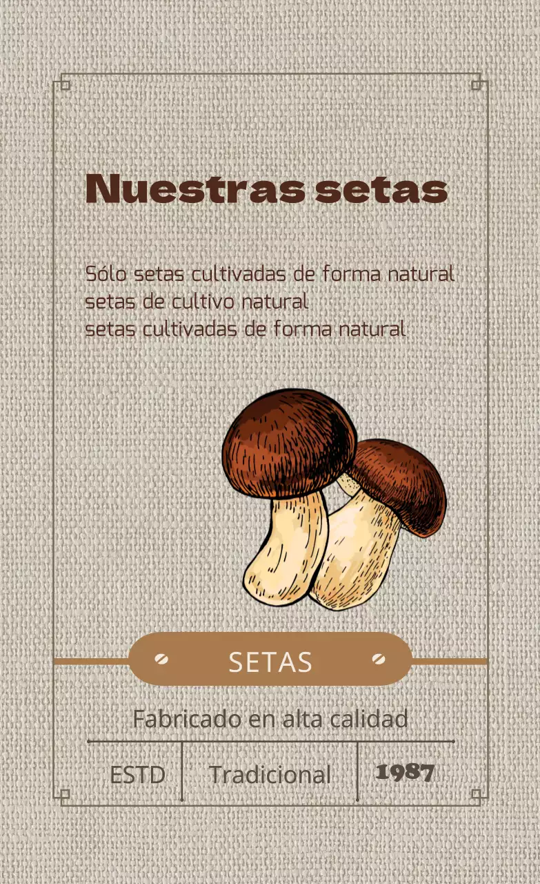 Etiqueta ilustrada marrón de cultivo de setas