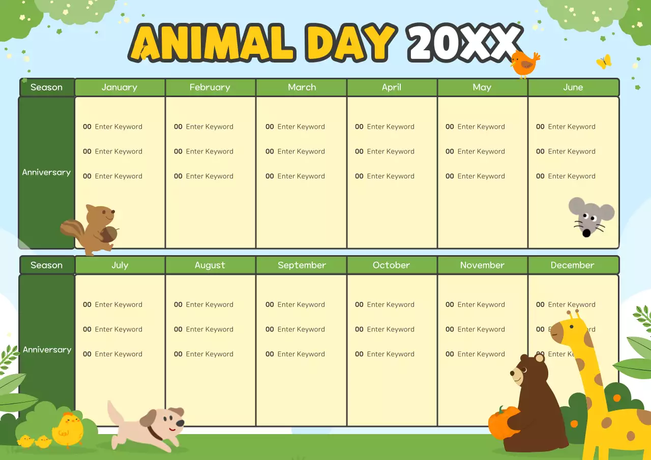 Green Playful Animal Calendar Planner Poster