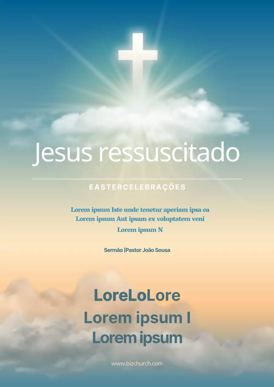 Cartaz promocional simples de um serviço de Páscoa numa igreja com fundo degradado