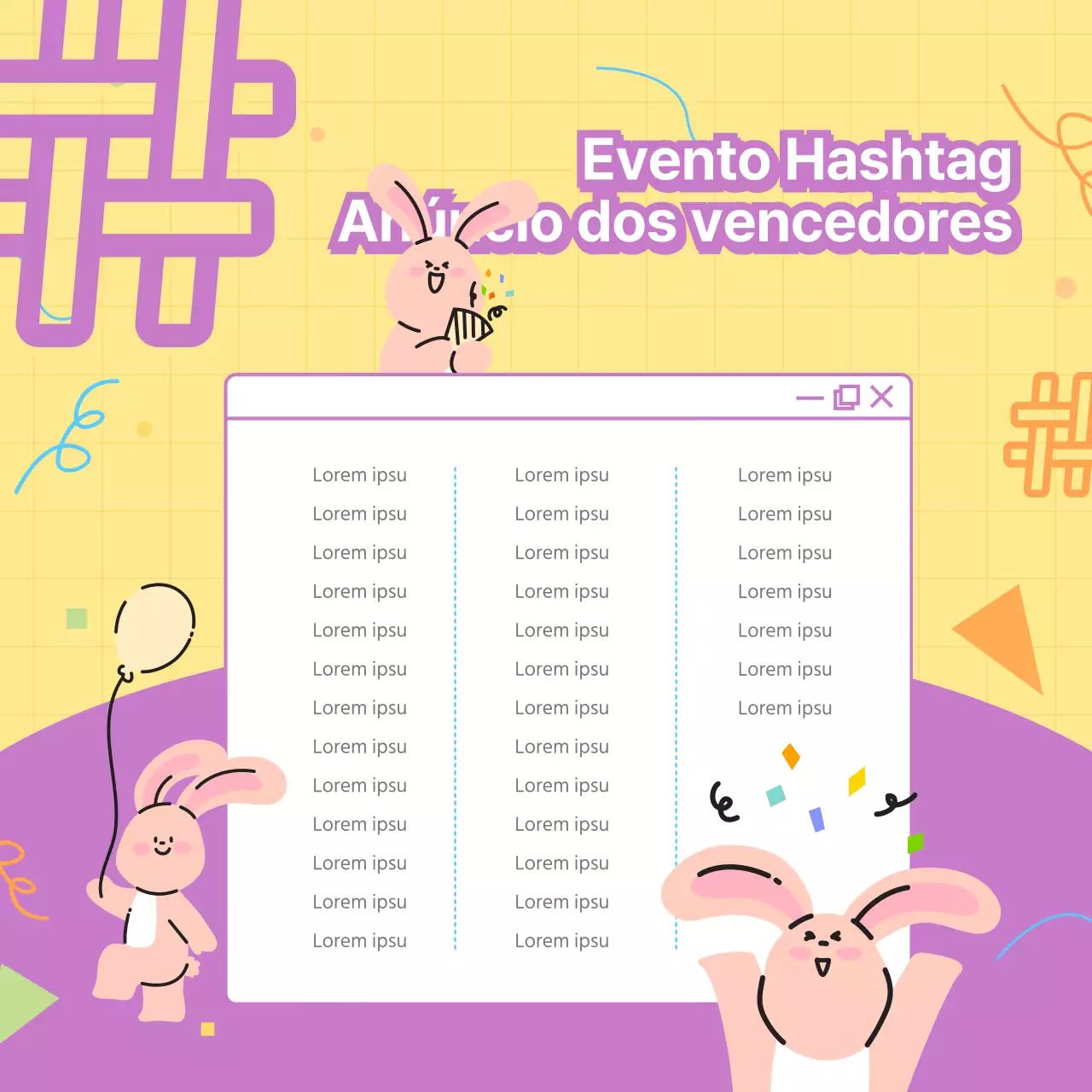 Anúncio do vencedor de um bonito evento de hashtag amarelo e roxo