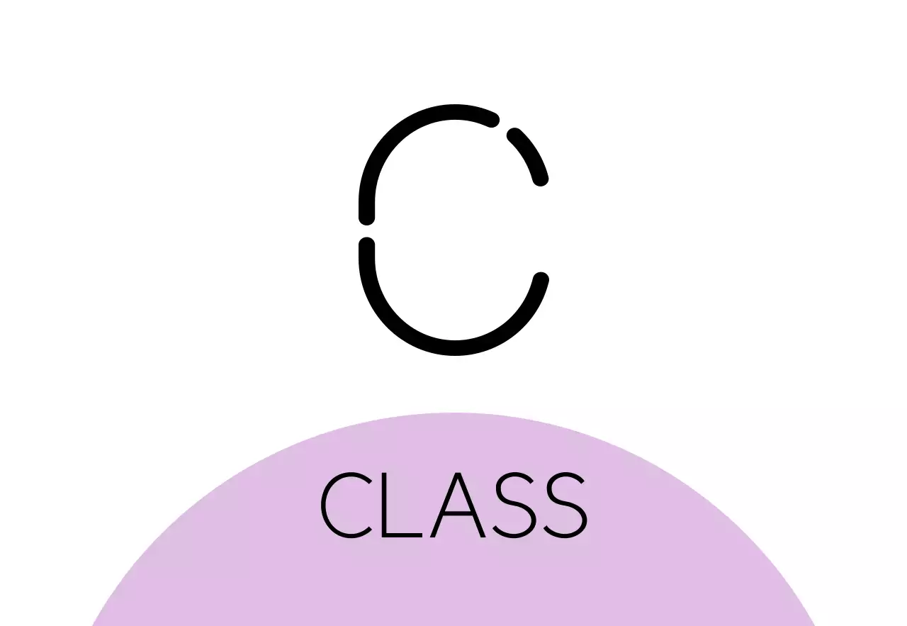 空紫ピンクの図形と黒の塾学校のクラス名からなる場所案内板。