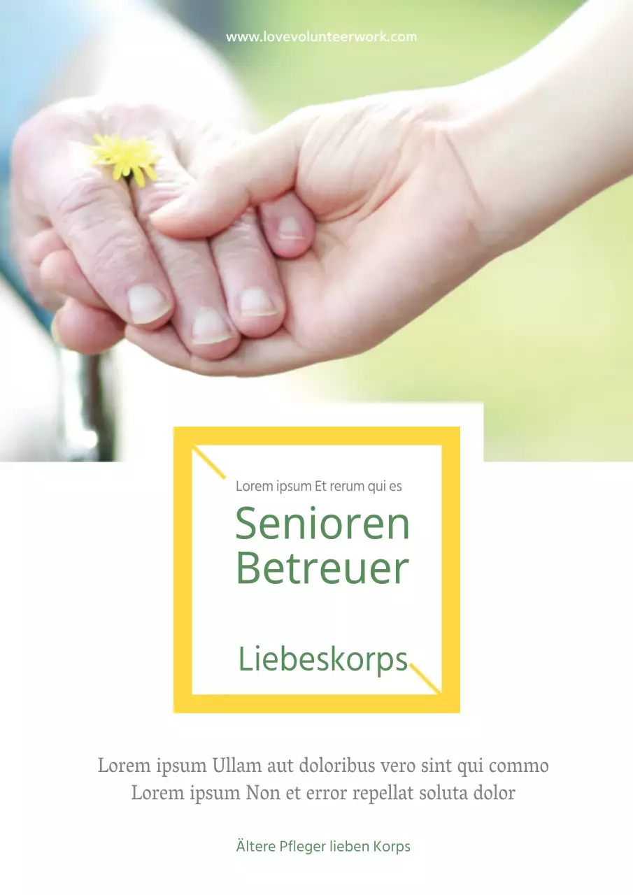 Einfaches gelb-weißes Faltblatt zur Anwerbung von Freiwilligen in der Altenpflege
