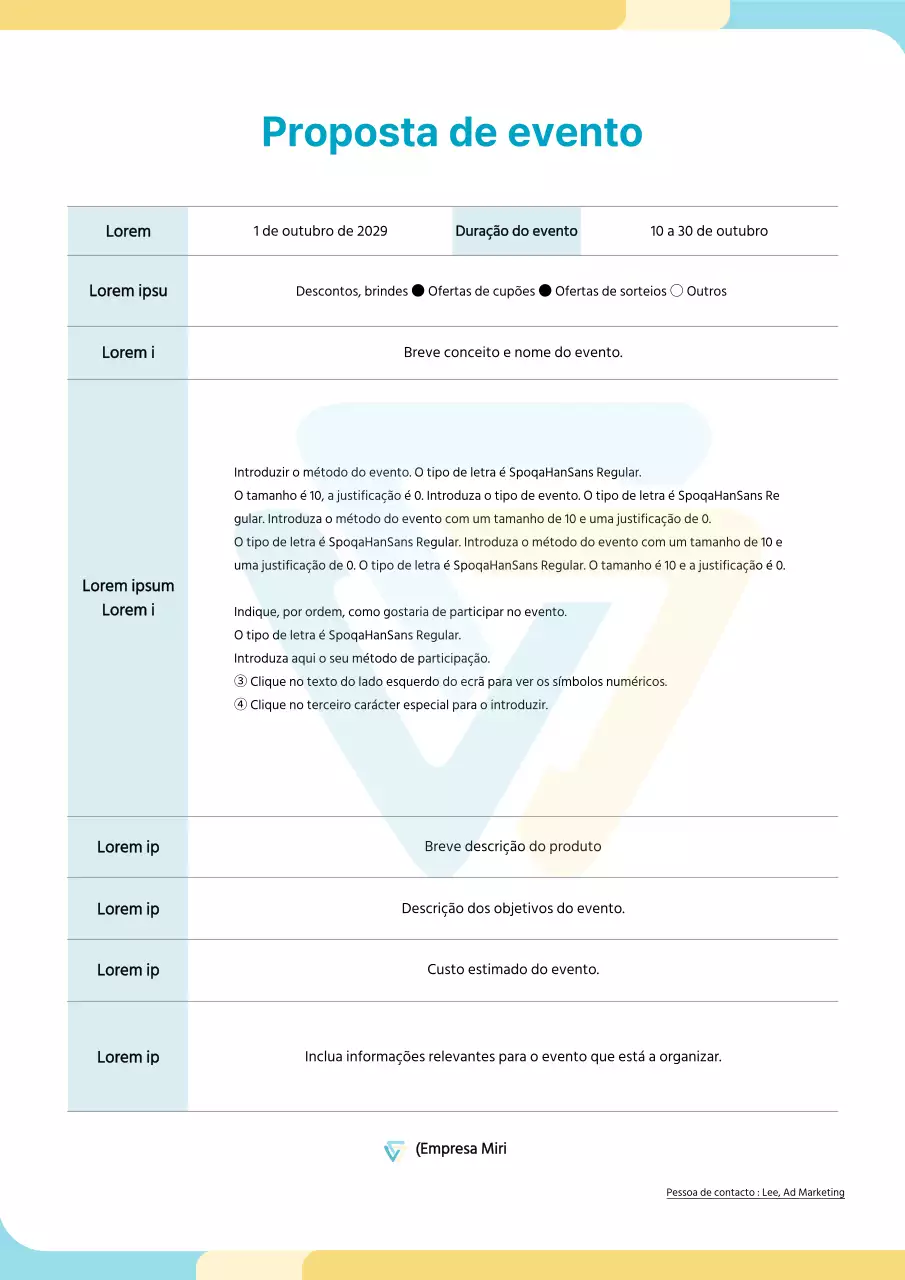 Resumo da proposta com formas arredondadas em azul claro e amarelo
