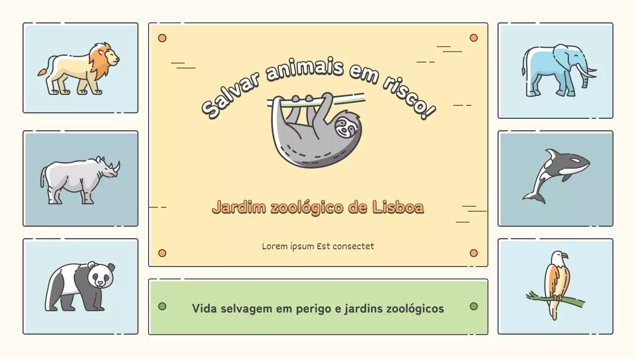 Materiais didácticos para o jardim zoológico em tons pastel de amarelo, verde-amarelo e azul claro