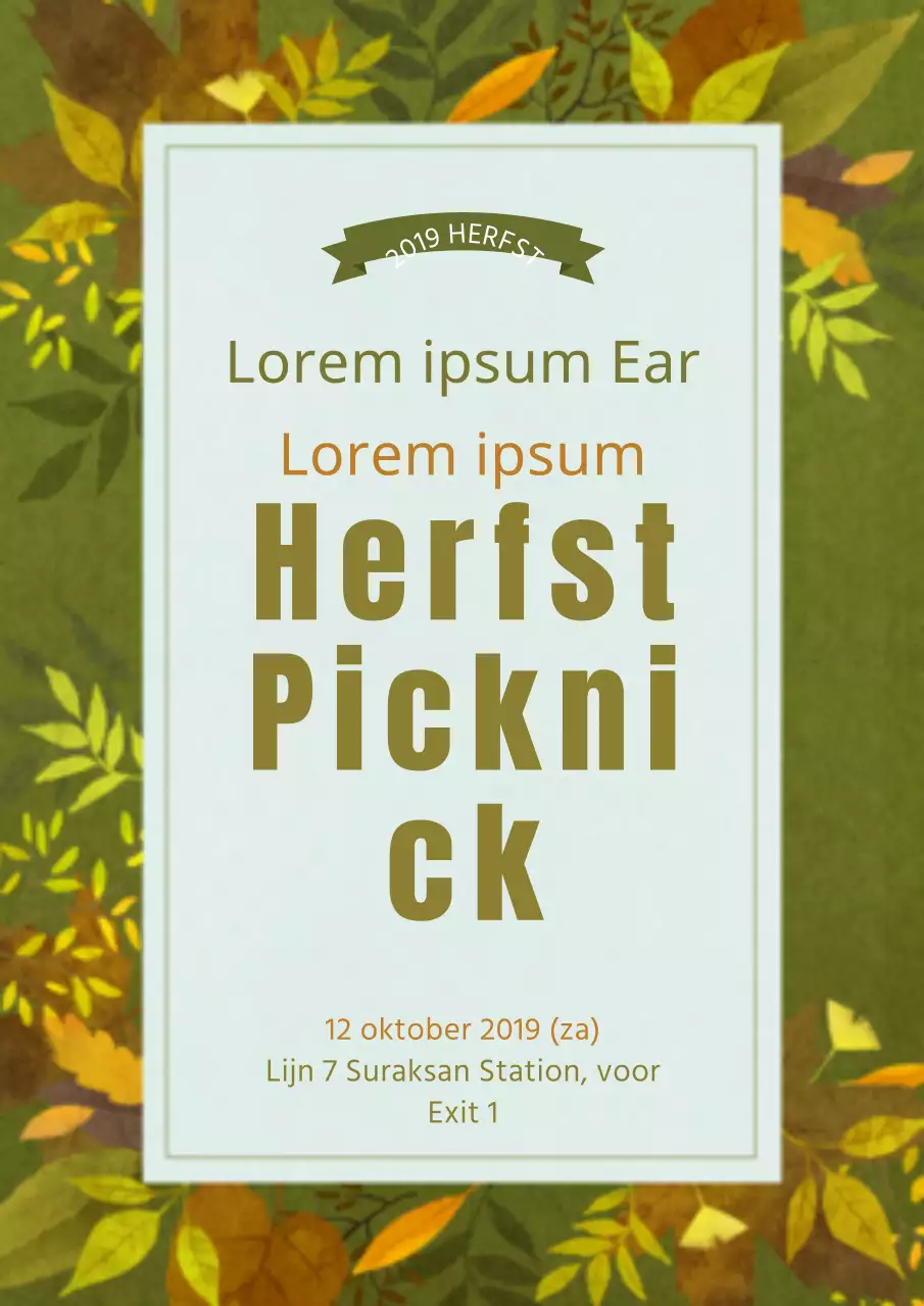 Aankondiging en promotie van een herfstpicknick met illustraties van verschillende groene bladeren.