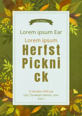Aankondiging en promotie van een herfstpicknick met illustraties van verschillende groene bladeren.