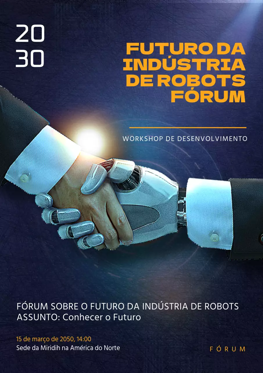 Cartaz do fórum de investigação em robótica que mostra um robô e um humano a apertarem as mãos num fundo azul-marinho com textura granulada.