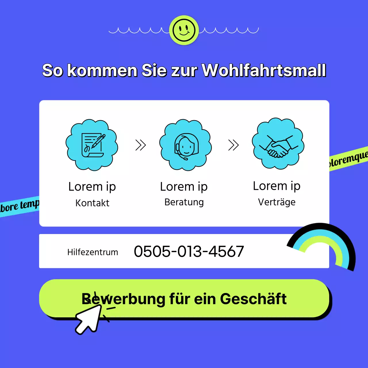 Erklärung des blauen Einkaufszentrums für Unternehmen mit einem Aufkleberkonzept CardNews