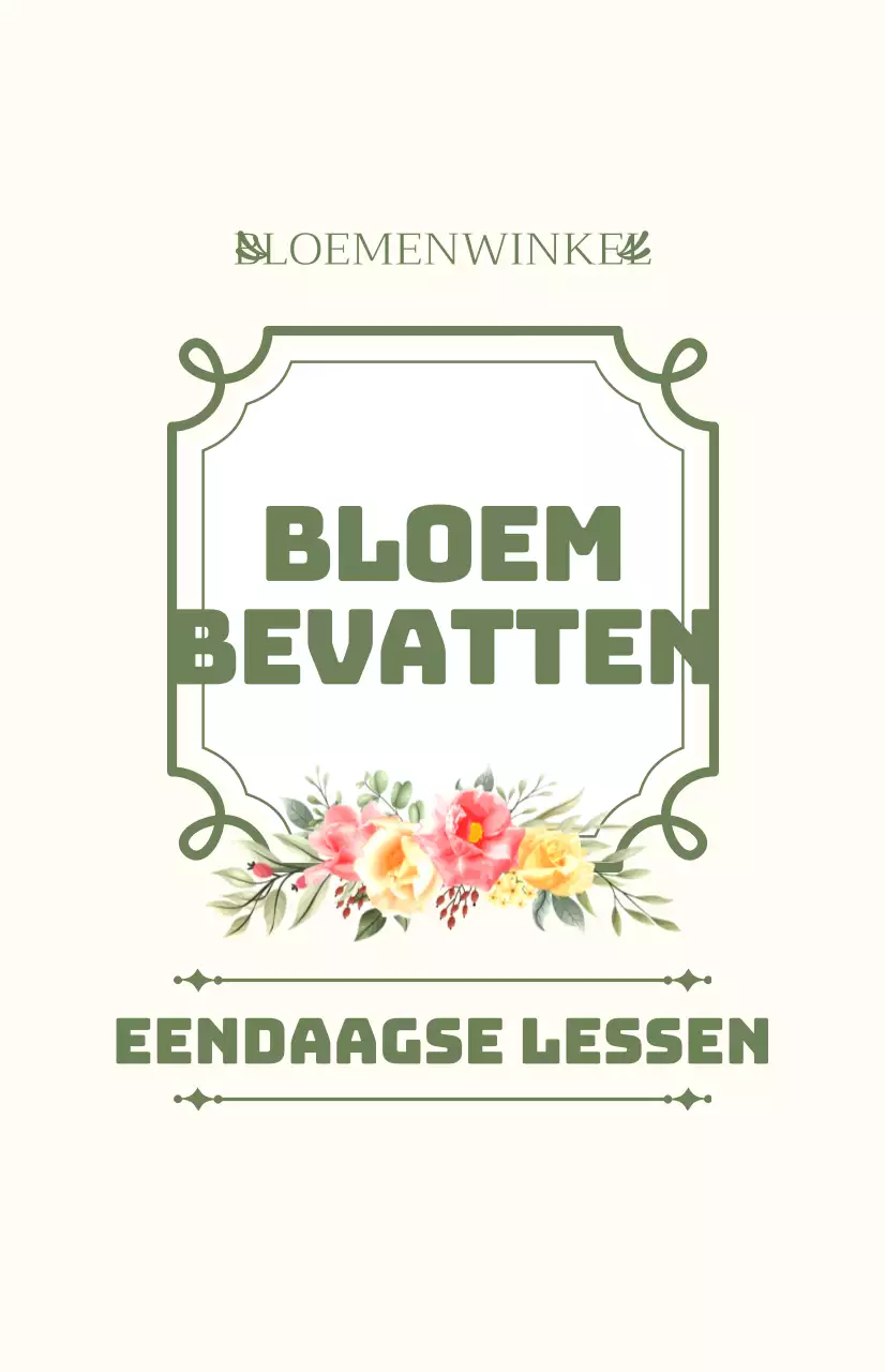 Promoot een eendaagse cursus met groene en ivoorkleurige tekst en bloemenillustraties