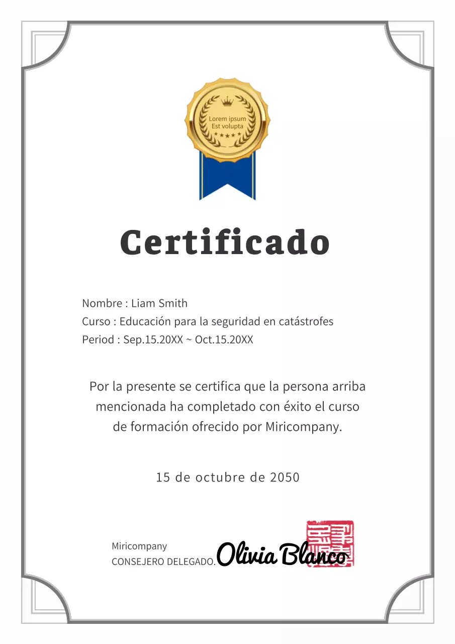 Modelo sencillo de certificado de formación en seguridad