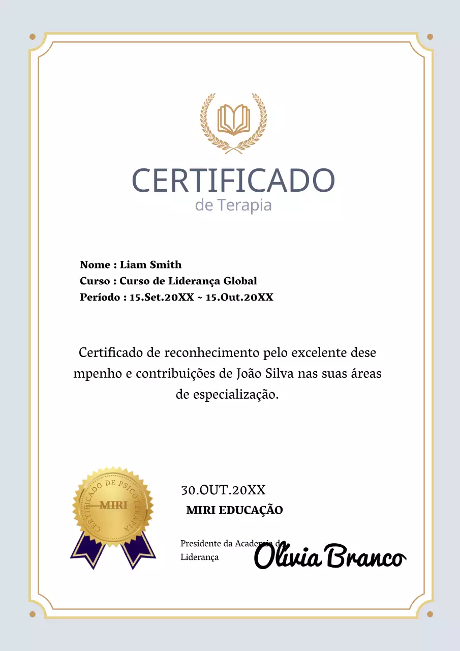 Certificado de aconselhamento psicológico cinzento e dourado